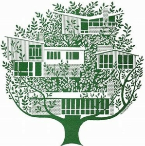  Trademark logo of Hollin Hills in green depicting mid-century modern homes set into a flourishing tree